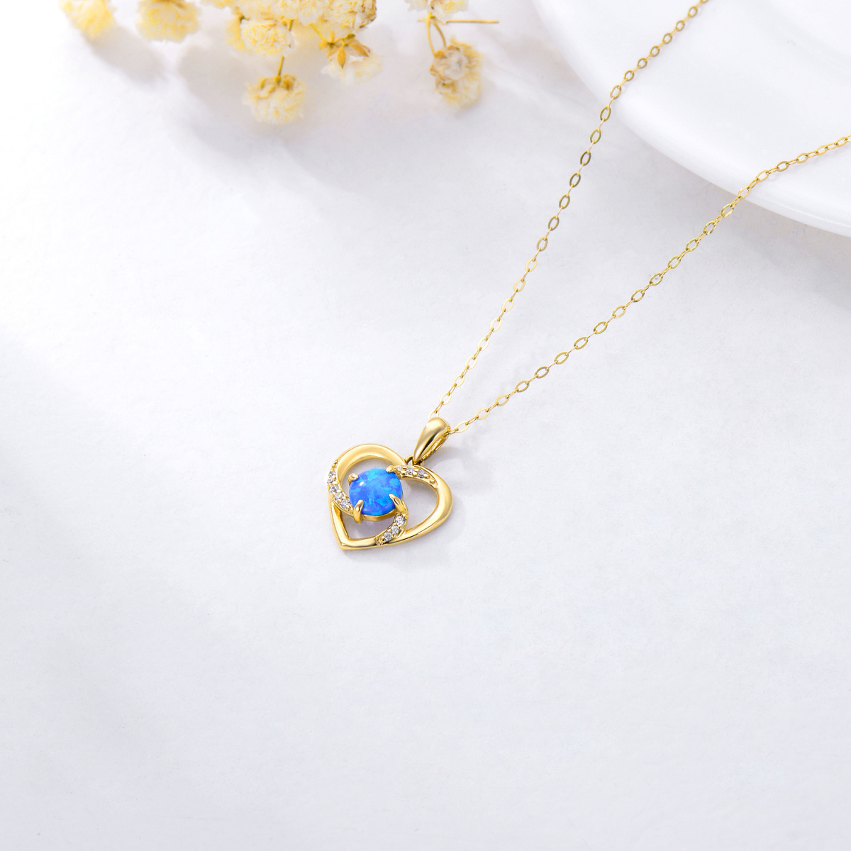 14K Gold Opal & Cubic Zirconia Heart Pendant Necklace-4