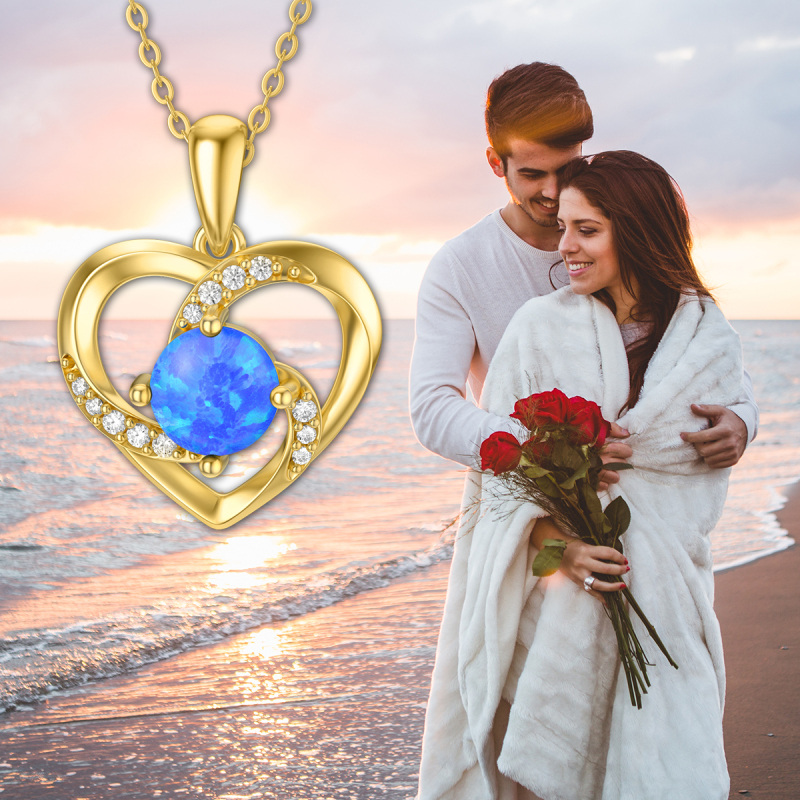 10K Gold Opal & Cubic Zirconia Heart Pendant Necklace-5