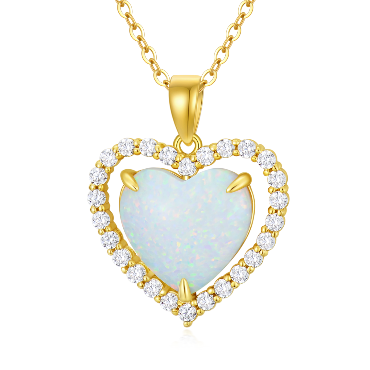 10K Gold Cubic Zirconia & Opal Heart Pendant Necklace-1