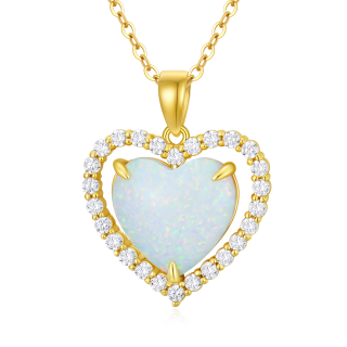 10K Gold Cubic Zirconia & Opal Heart Pendant Necklace-39