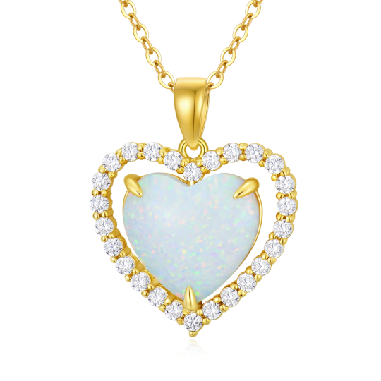 14K Gold Cubic Zirconia & Opal Heart Pendant Necklace