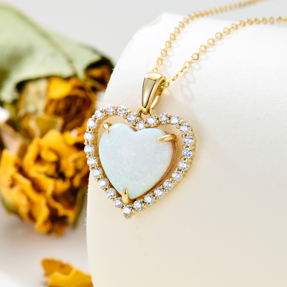 10K Gold Cubic Zirconia & Opal Heart Pendant Necklace-3