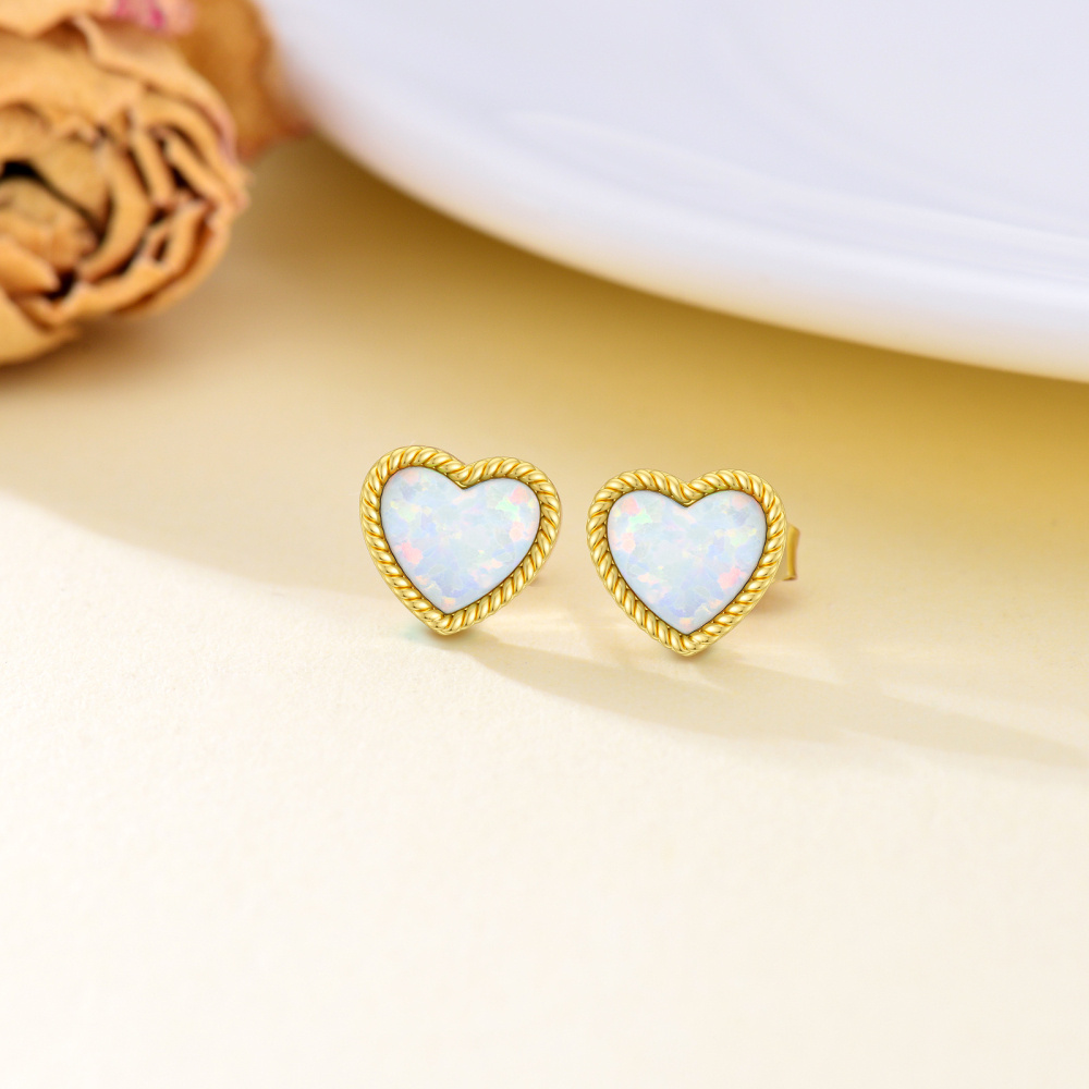 10K Gold Opal Heart Stud Earrings-3