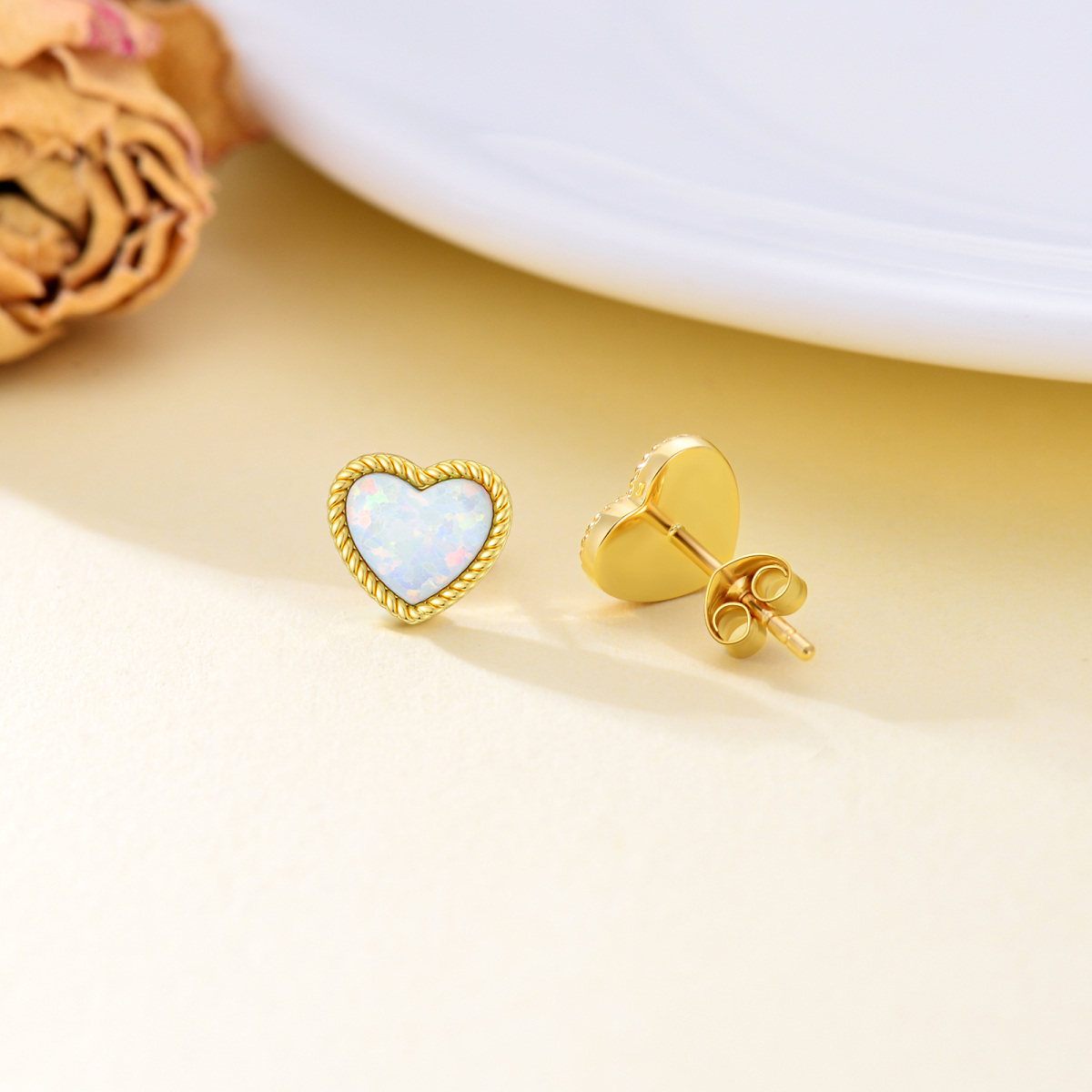 14K Gold Opal Heart Stud Earrings-4