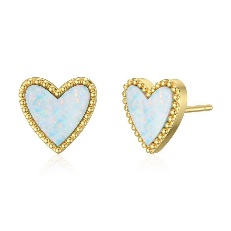 10K Gold Opal Heart Stud Earrings-1