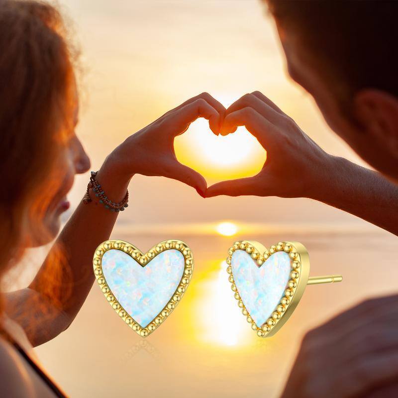 10K Gold Opal Heart Stud Earrings-3