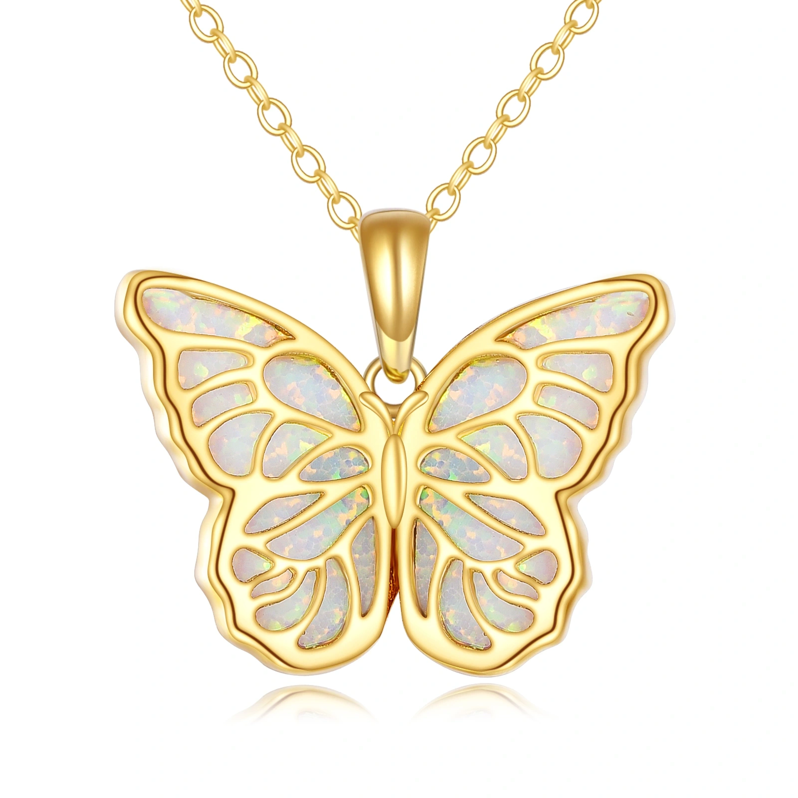 Image of YFN 14K Gold Opal Hollow Butterfly Pendant Necklace