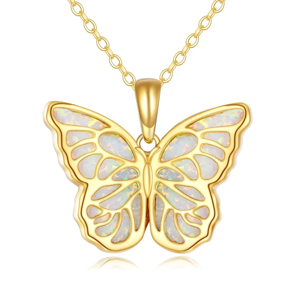 Colar com pendente de borboleta vazada em opala de ouro 10K-1