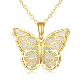 10K Gold Opal Hollow Butterfly Pendant Necklace-22