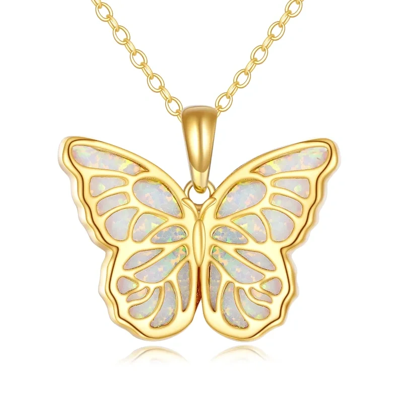 Collier pendentif papillon creux en or 14K et opale