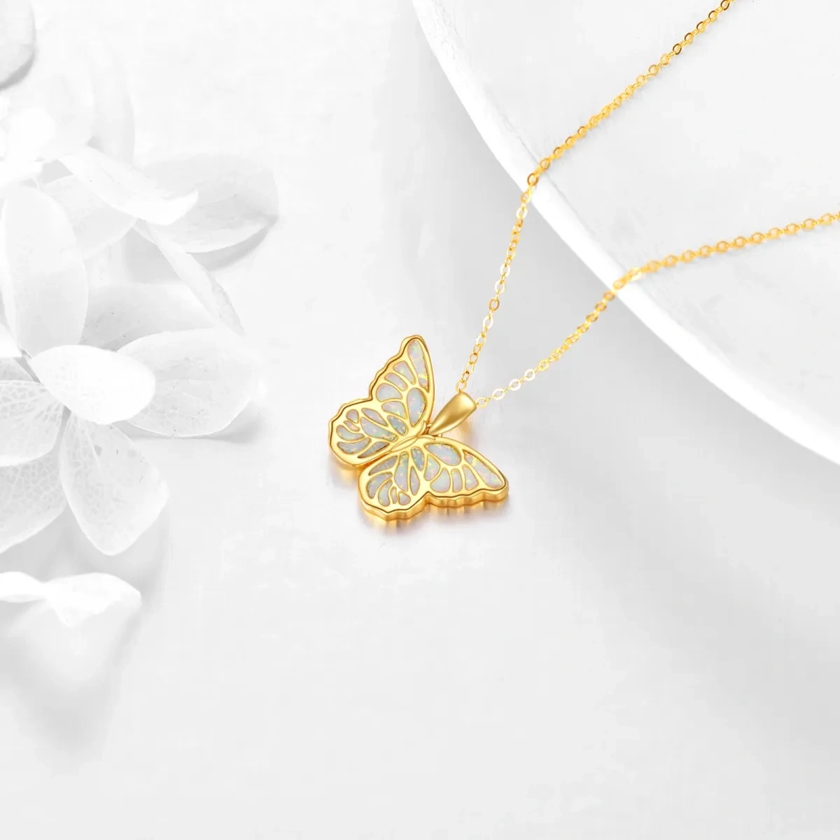 18K Gold Opal Hollow Butterfly Pendant Necklace-3