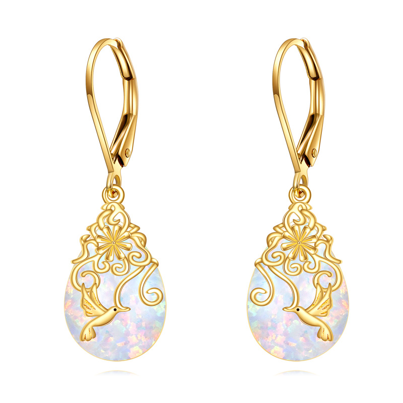 10K Gold Opal Hummingbird Lever-back Earrings-2