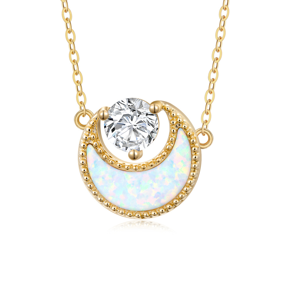10K Gold Opal & Cubic Zirconia Moon Pendant Necklace-1