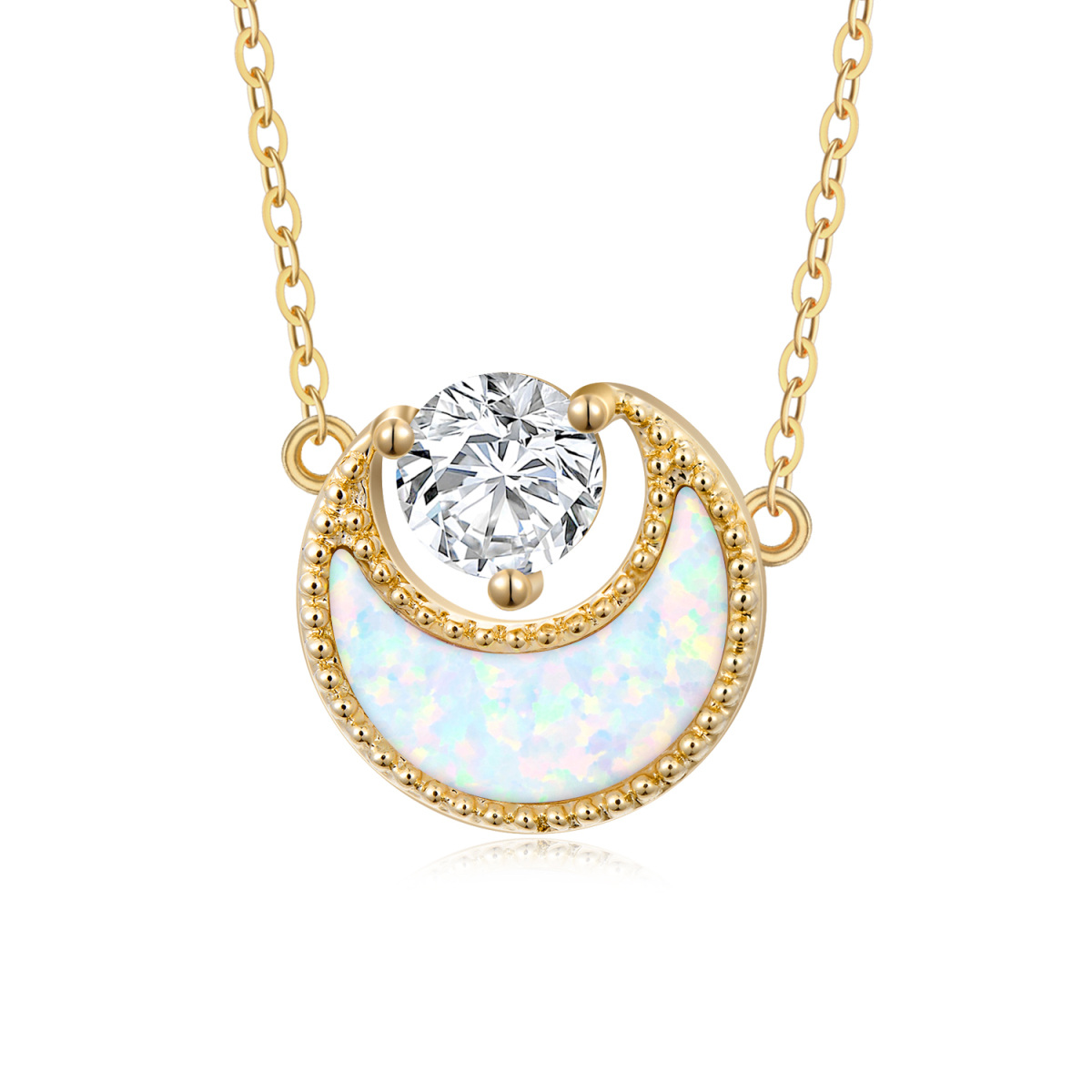 14K Gold Opal & Cubic Zirconia Moon Pendant Necklace-1