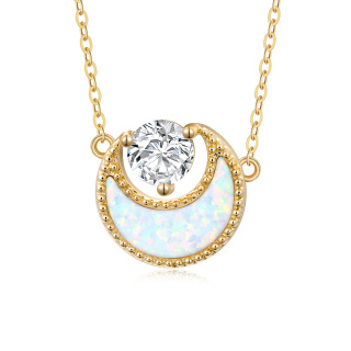 14K Gold Opal & Cubic Zirconia Moon Pendant Necklace-4