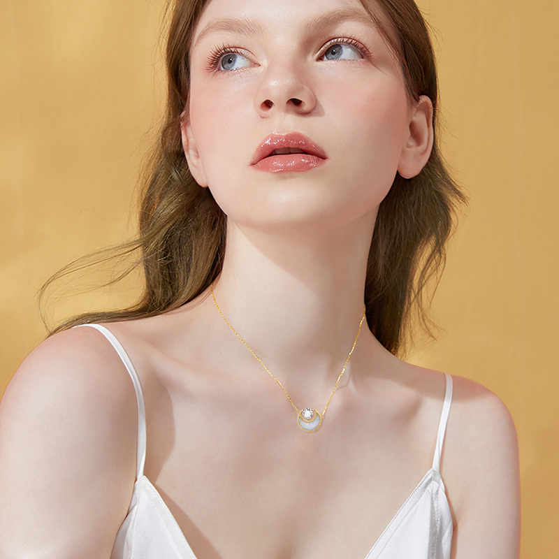 18K Gold Opal & Cubic Zirconia Moon Pendant Necklace-2