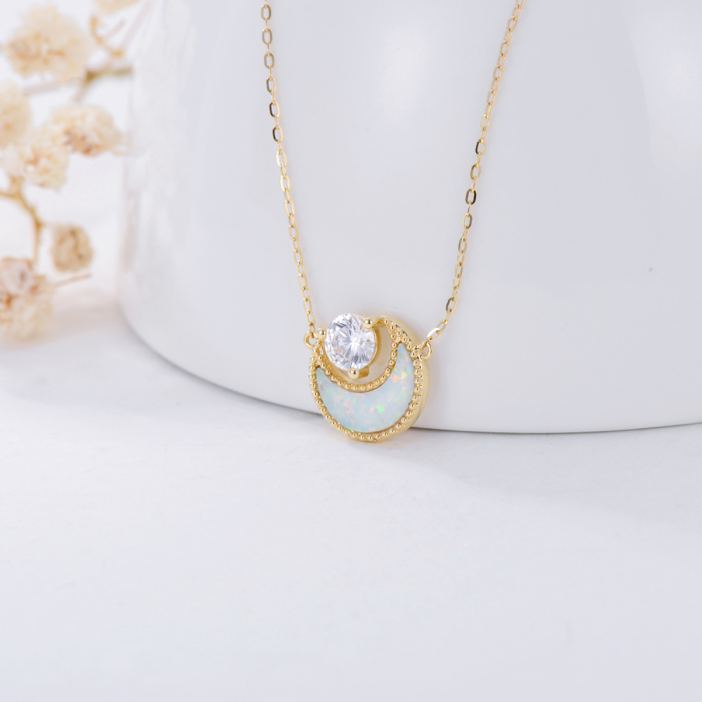 10K Gold Opal & Cubic Zirconia Moon Pendant Necklace-4