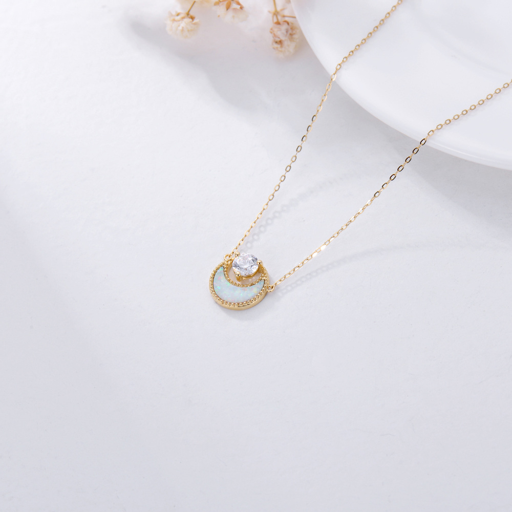 10K Gold Opal & Cubic Zirconia Moon Pendant Necklace-5