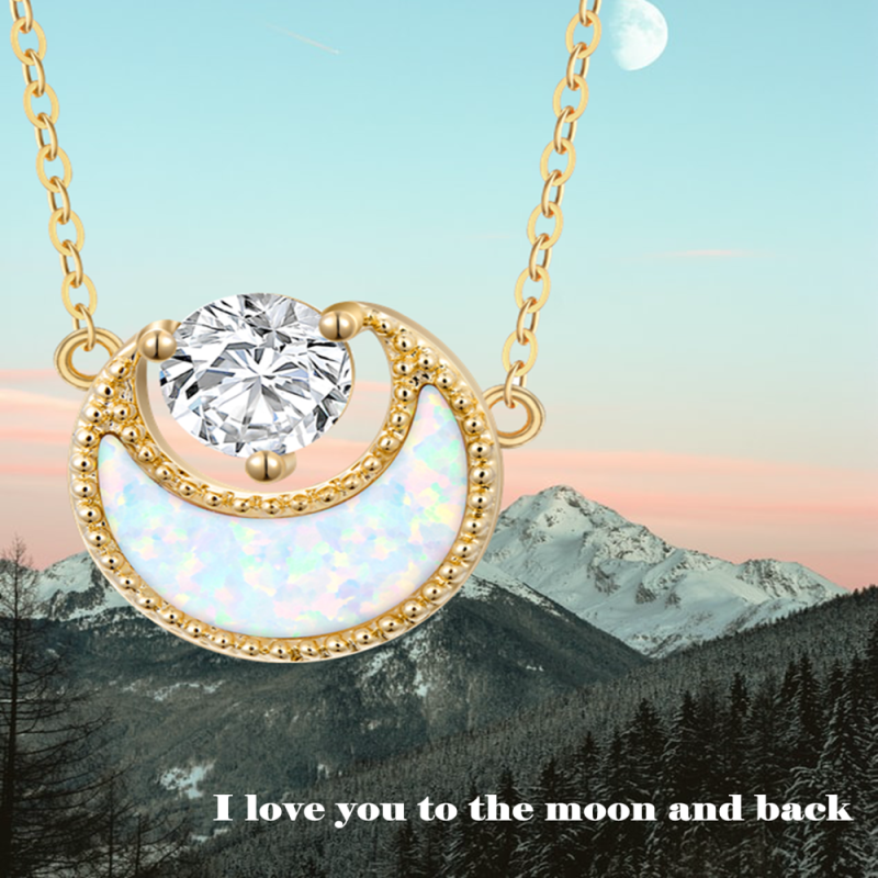 18K Gold Opal & Cubic Zirconia Moon Pendant Necklace-6
