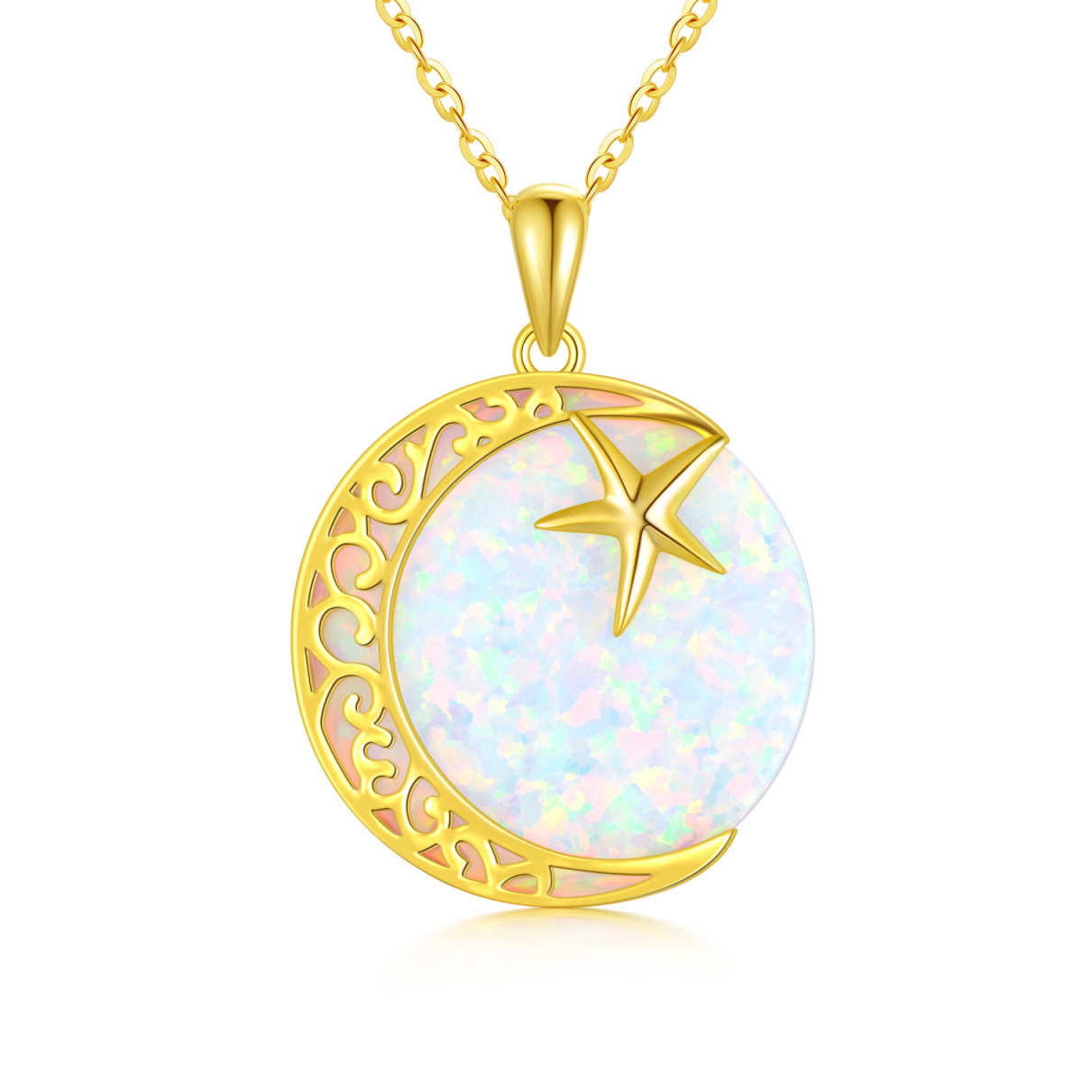 10K Gold Opal Moon Pendant Necklace-1