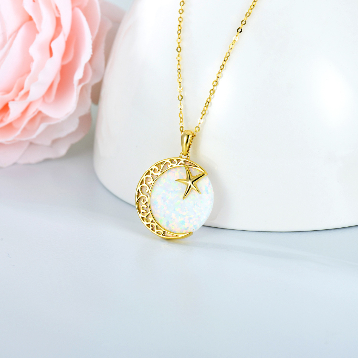 10K Gold Opal Moon Pendant Necklace-3