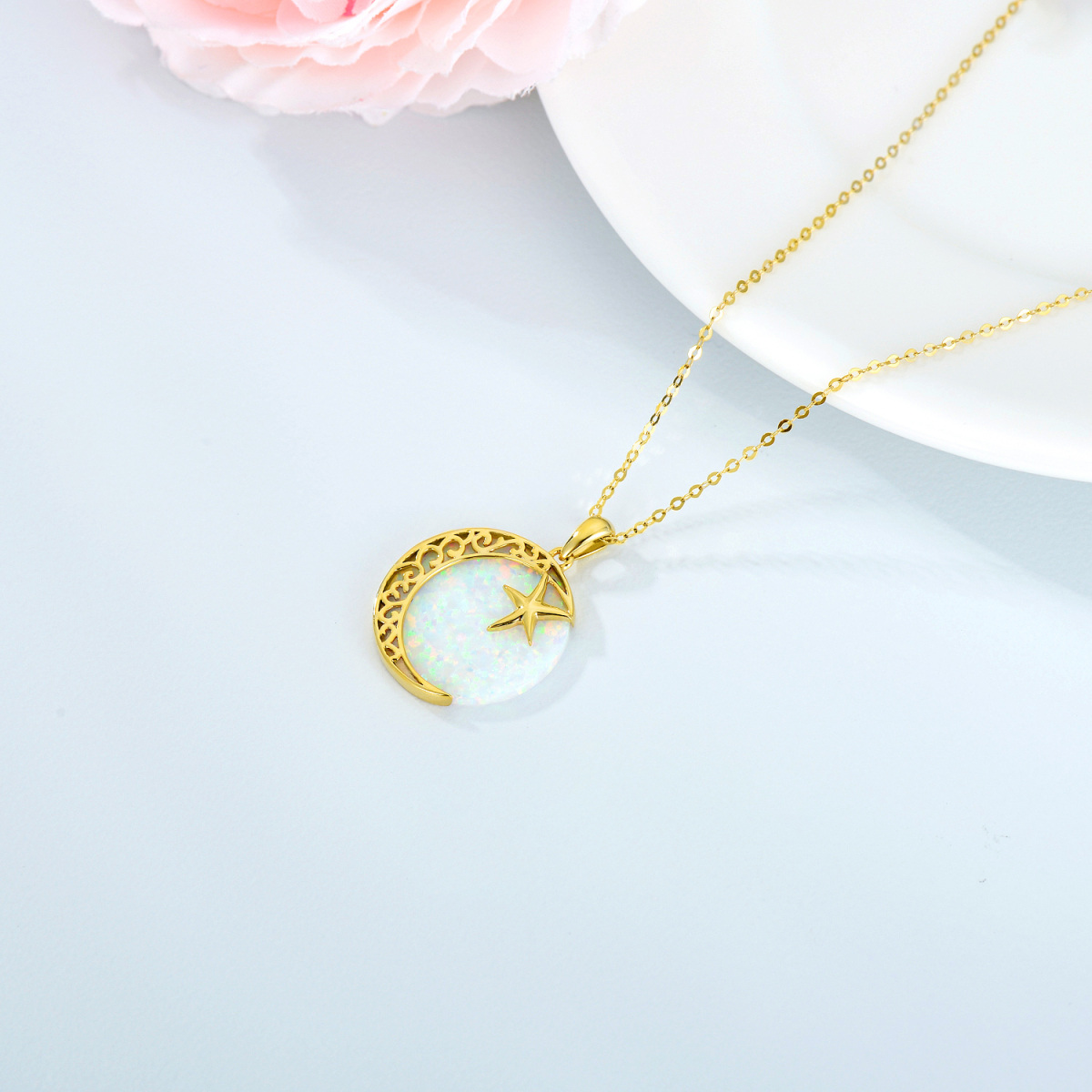 10K Gold Opal Moon Pendant Necklace-4