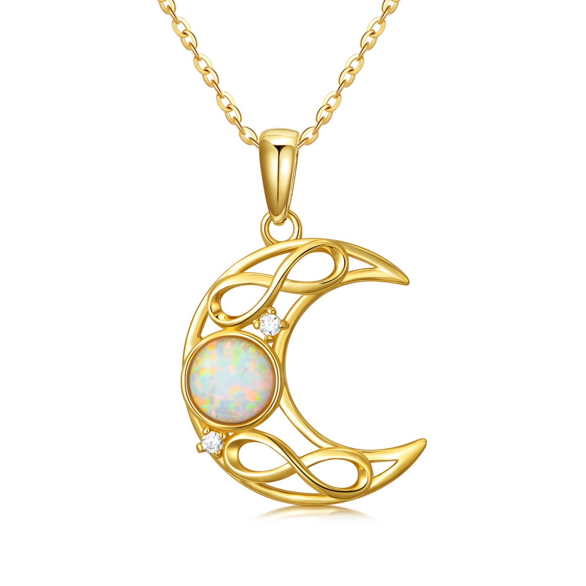 Collier pendentif lune en or 14K avec zircon cubique et opale-1