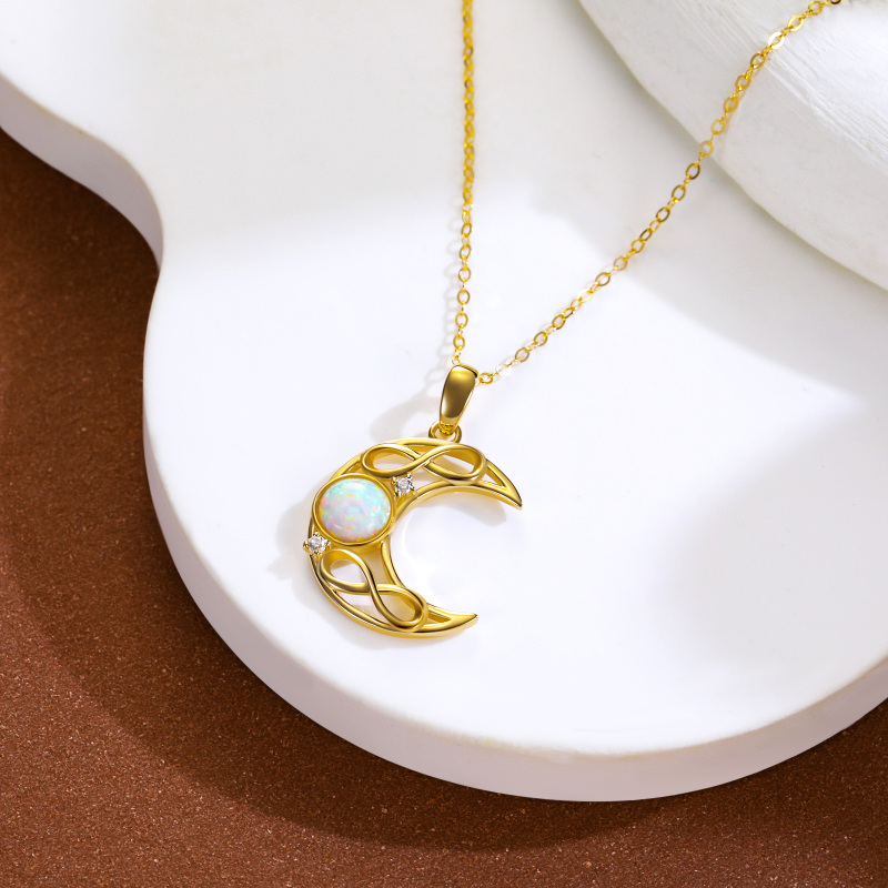 Collana con ciondolo a forma di luna in oro bianco 10K con zirconi cubici e opale-4
