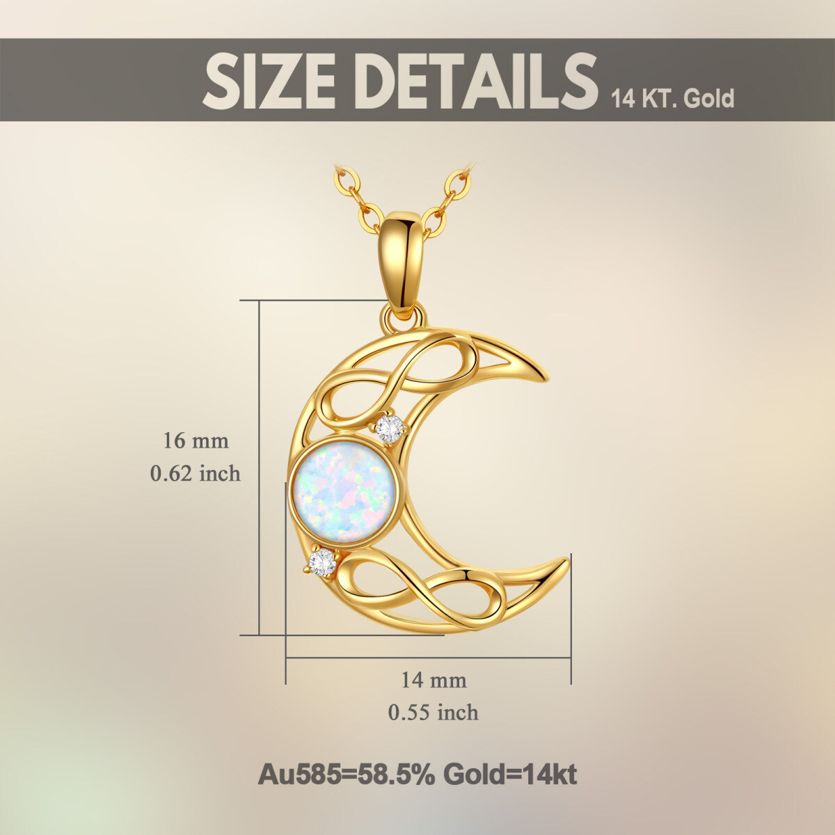 Collier pendentif lune en or 14K avec zircon cubique et opale-6