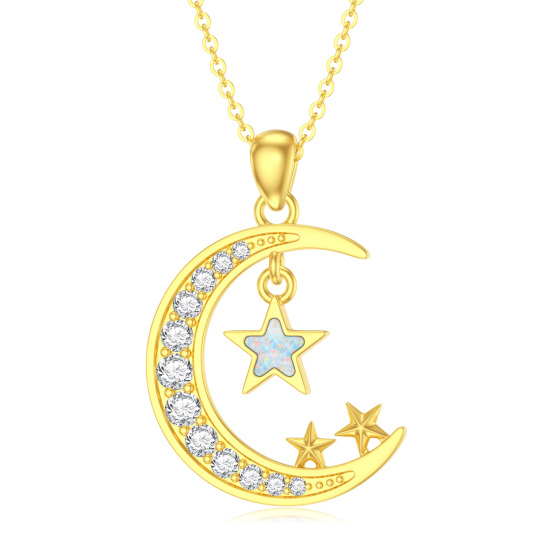 Halskette mit Mond und Stern aus 14 Karat Gold mit Zirkonia und Opal für Damen