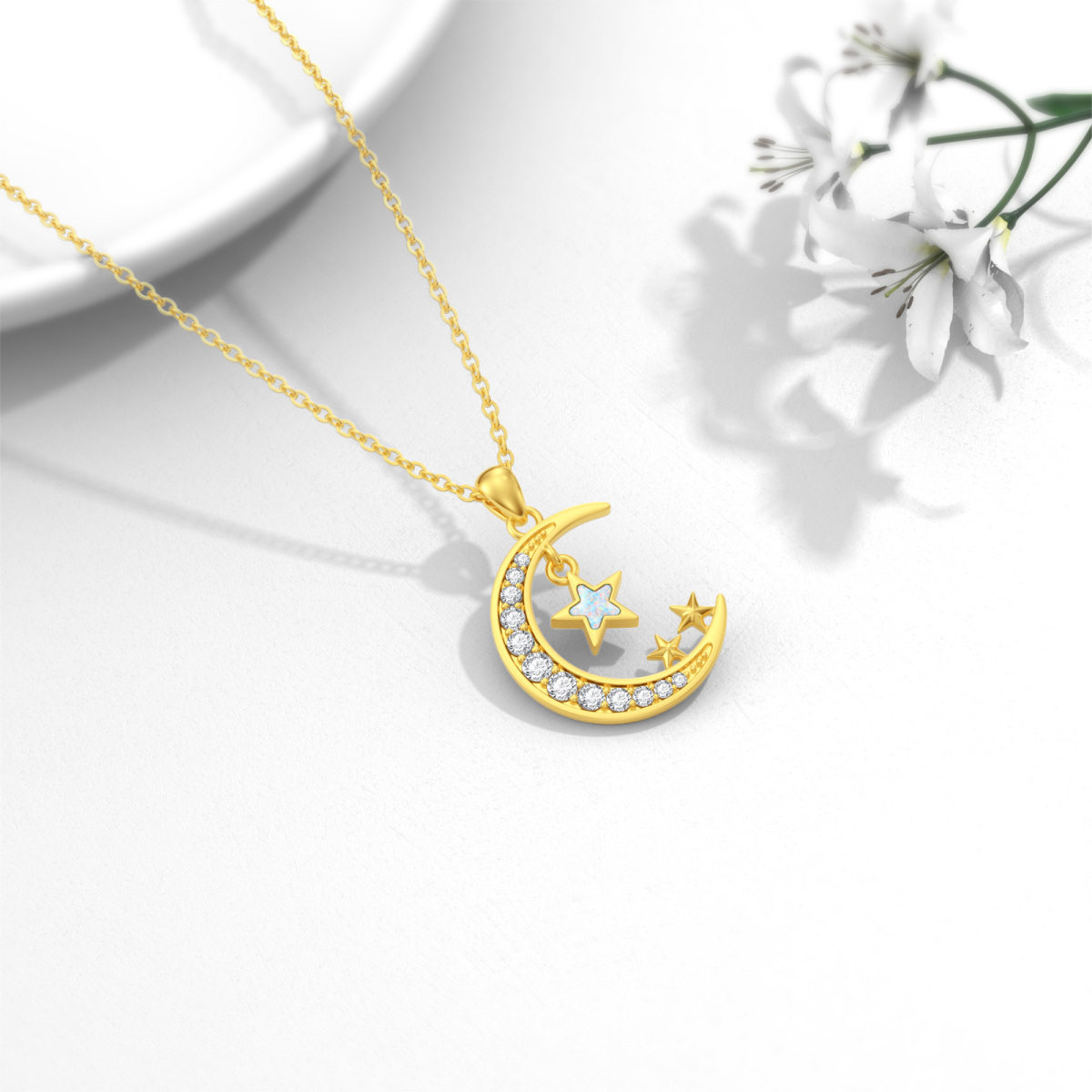 10K Gold Cubic Zirconia Opal Moon Star Necklace for Women-3