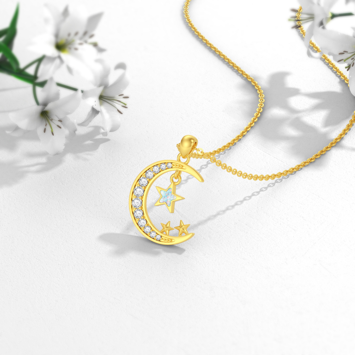 10K Gold Cubic Zirconia Opal Moon Star Necklace for Women-4