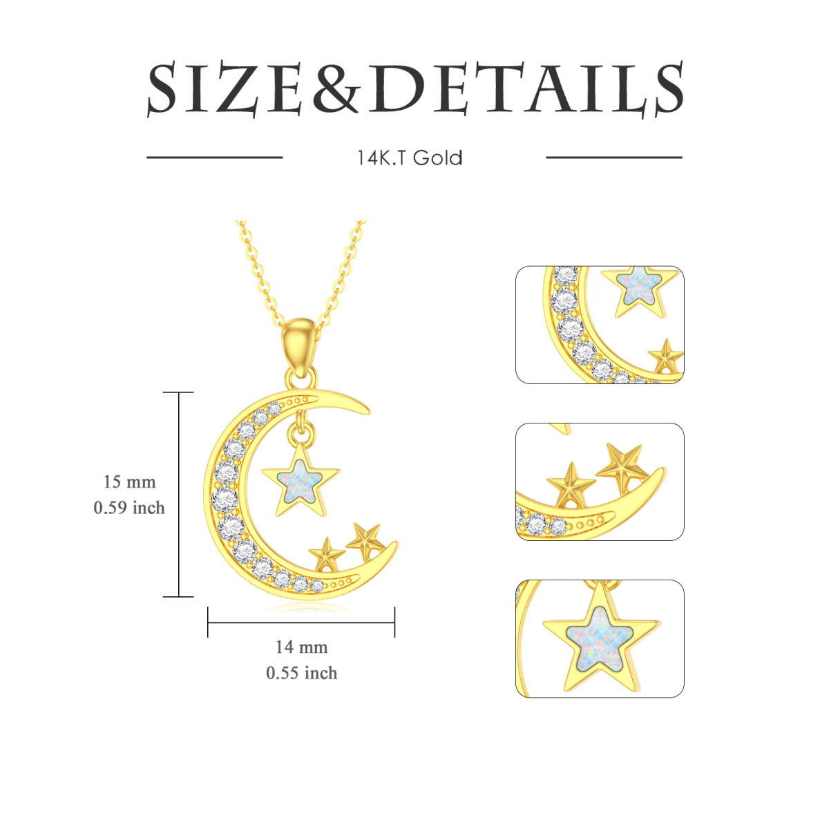 10K Gold Cubic Zirconia Opal Moon Star Necklace for Women-5