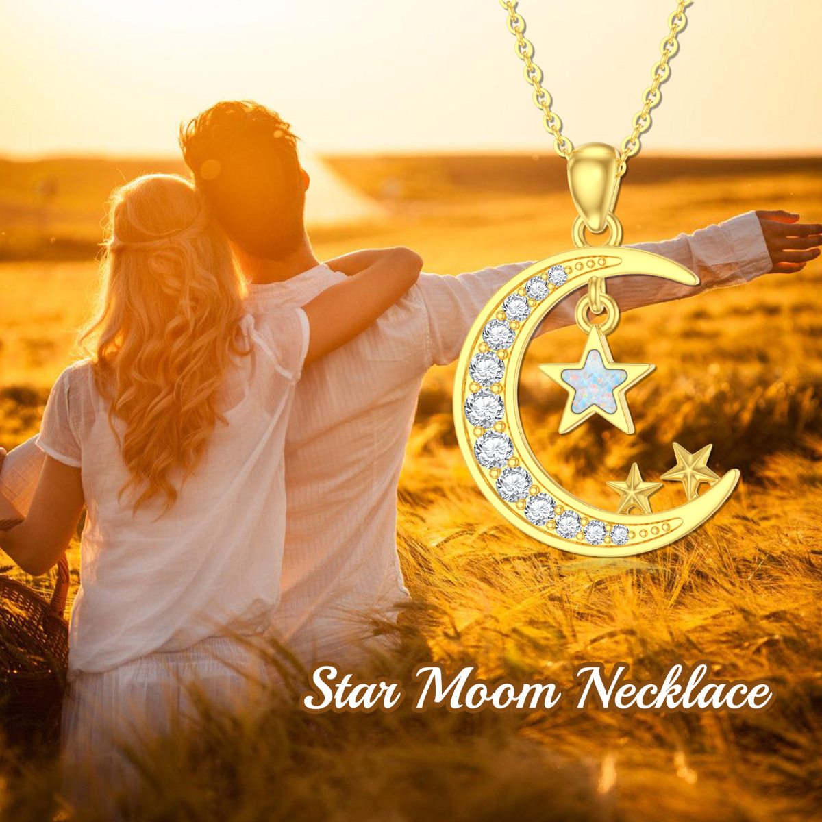 10K Gold Cubic Zirconia Opal Moon Star Necklace for Women-6