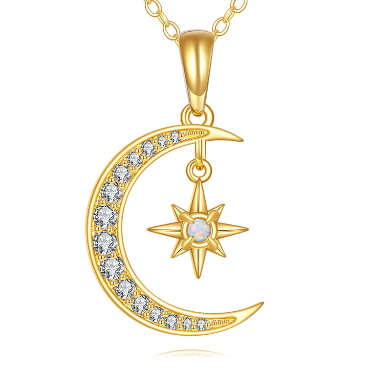 9K Gold Cubic Zirconia & Opal Moon & Star Pendant Necklace-2