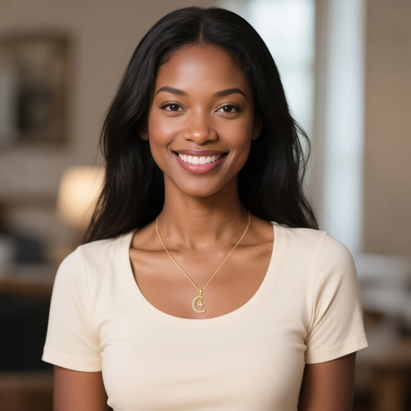 Collar con colgante de luna y estrella en oro blanco de 9 quilates con circonitas cúbicas y ópalo-2