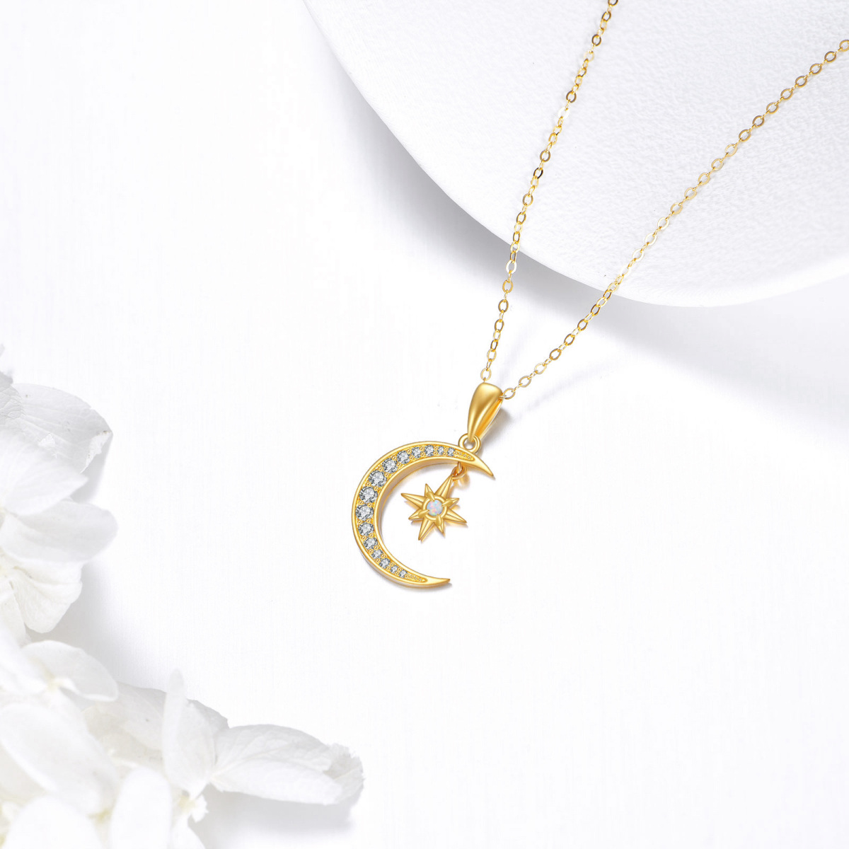 14K Gold Cubic Zirconia & Opal Moon & Star Pendant Necklace-3
