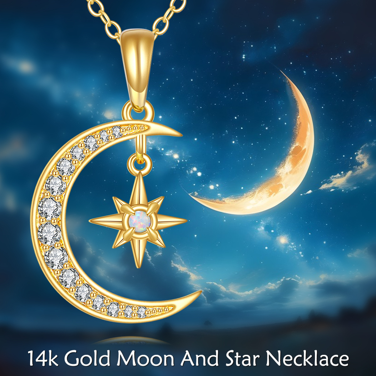14K Gold Cubic Zirconia & Opal Moon & Star Pendant Necklace-6