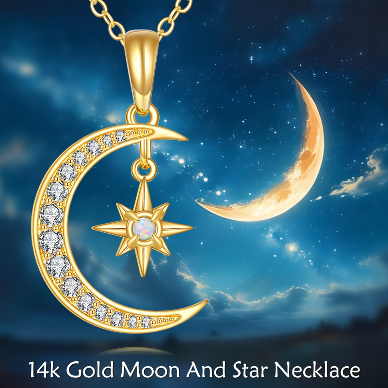 Collar con colgante de luna y estrella en oro blanco de 9 quilates con circonitas cúbicas y ópalo-6