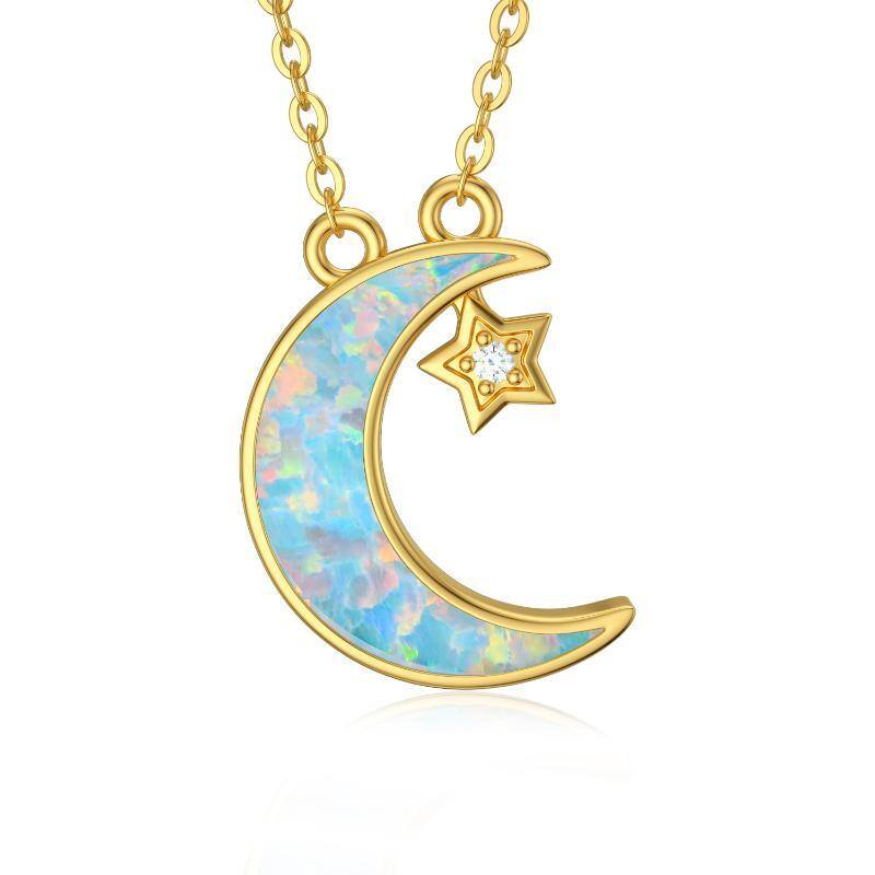 14K Yellow Gold Cubic Zirconia Star With Opal Moon Pendant Necklace For Women-1