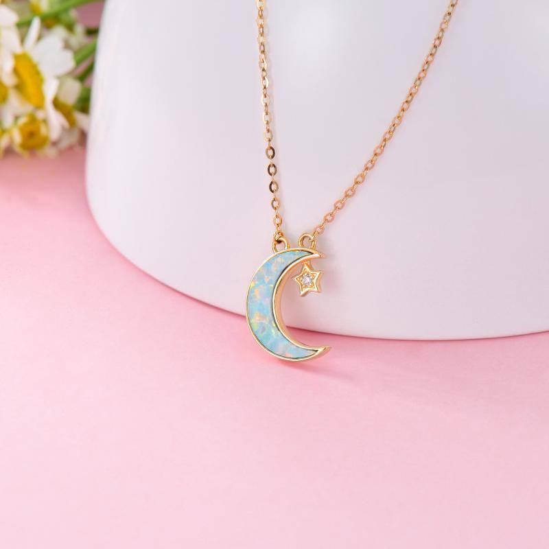 10K Yellow Gold Cubic Zirconia Star With Opal Moon Pendant Necklace For Women-3