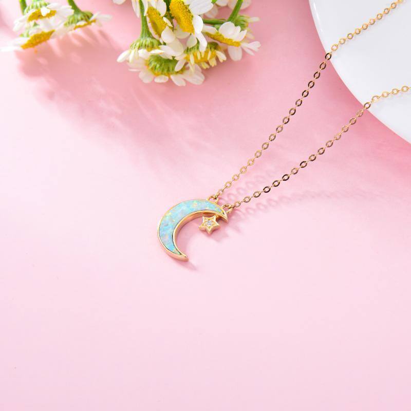 10K Yellow Gold Cubic Zirconia Star With Opal Moon Pendant Necklace For Women-4