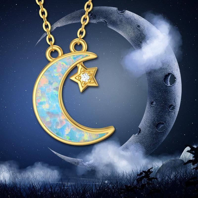 10K White Gold Cubic Zirconia & Opal Moon & Star Pendant Necklace-5