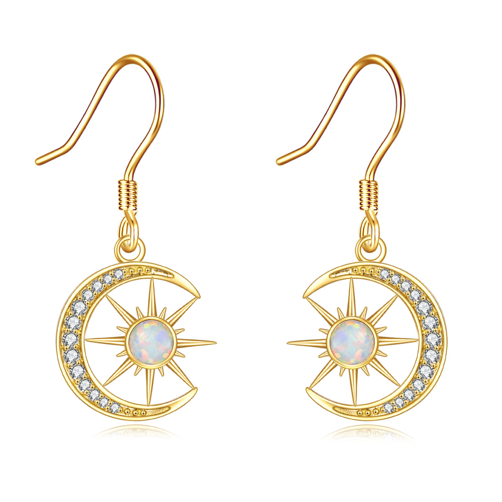10K Gold Round Opal Moon & Sun Drop Earrings For Women-1