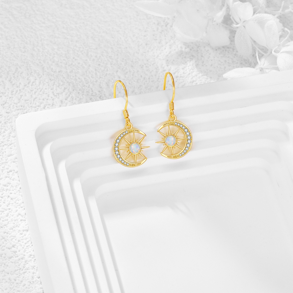 10K Gold Round Opal Moon & Sun Drop Earrings For Women-3