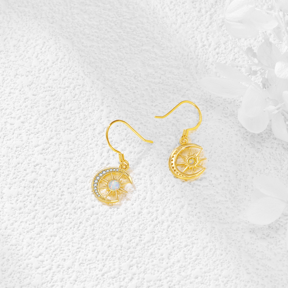 10K Gold Round Opal Moon & Sun Drop Earrings For Women-4