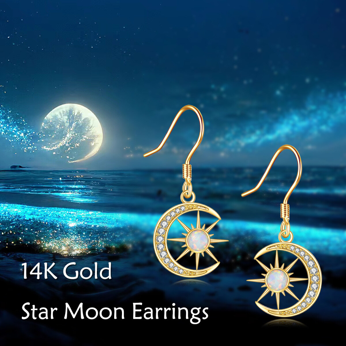 14K Gold Round Opal Moon & Sun Drop Earrings For Women-5