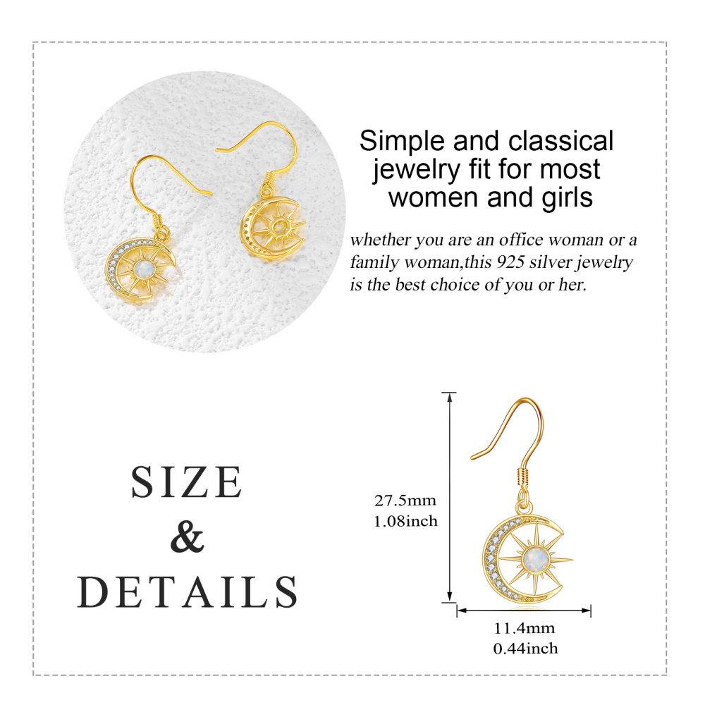 10K Gold Round Opal Moon & Sun Drop Earrings For Women-6