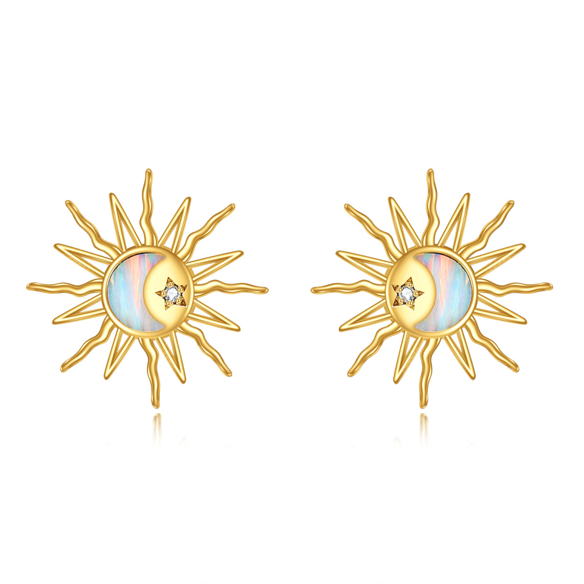 10K Gold Cubic Zirconia & Opal Moon & Sun Stud Earrings-1