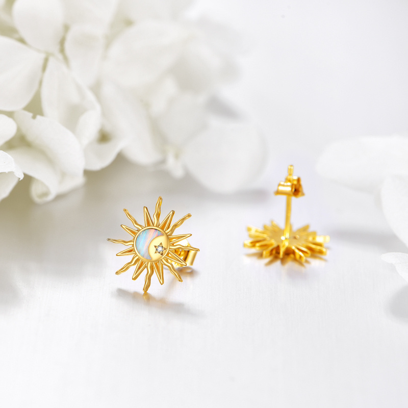 أقراط من الذهب الوردي عيار 18 قيراطًا مرصعة بالزركونيا المكعبة والأوبال والقمر والشمس-3